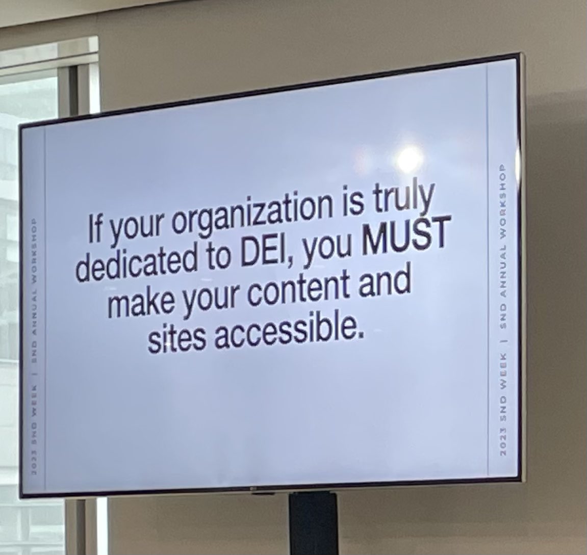 elizabeth_shell's tweet photo. Accessibility isn’t an option. @paigekconnor  + @PatrickMGarvin on why news and information needs to be available to everyone. Consider the needs of the visually, auditorily, cognitively or physically disabled readers of our publications and products  #snd44 #sndweek https://t.co/3b5Icpe3Ea