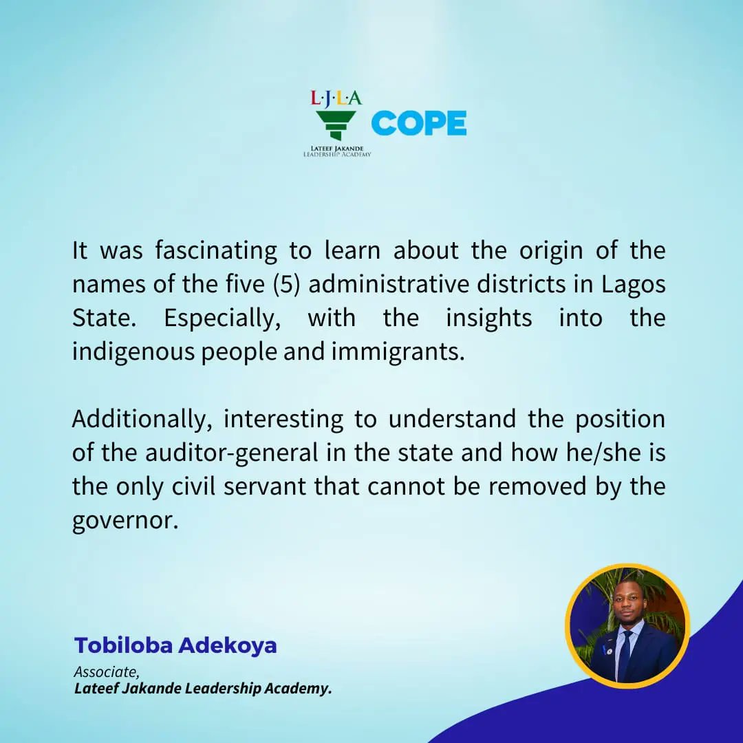 This week, Associates of the Lateef Jakande Leadership Academy had a series of trainings, welcoming and exposing them to the Public Service. 

The trainings were facilitated by the Public Service Staff Development Centre (PSSDC) and were detailed, exhaustive and enlightened.