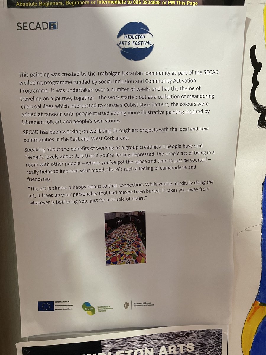 EtnsMidleton's tweet photo. Not only can you see the schools contribution but there are art pieces up and down the main street as well as this magnificent piece by our Ukrainian friends in Trabolgan. #secad #midletonartsfestival2023 #trabolgan https://t.co/fM7dy1sfo1