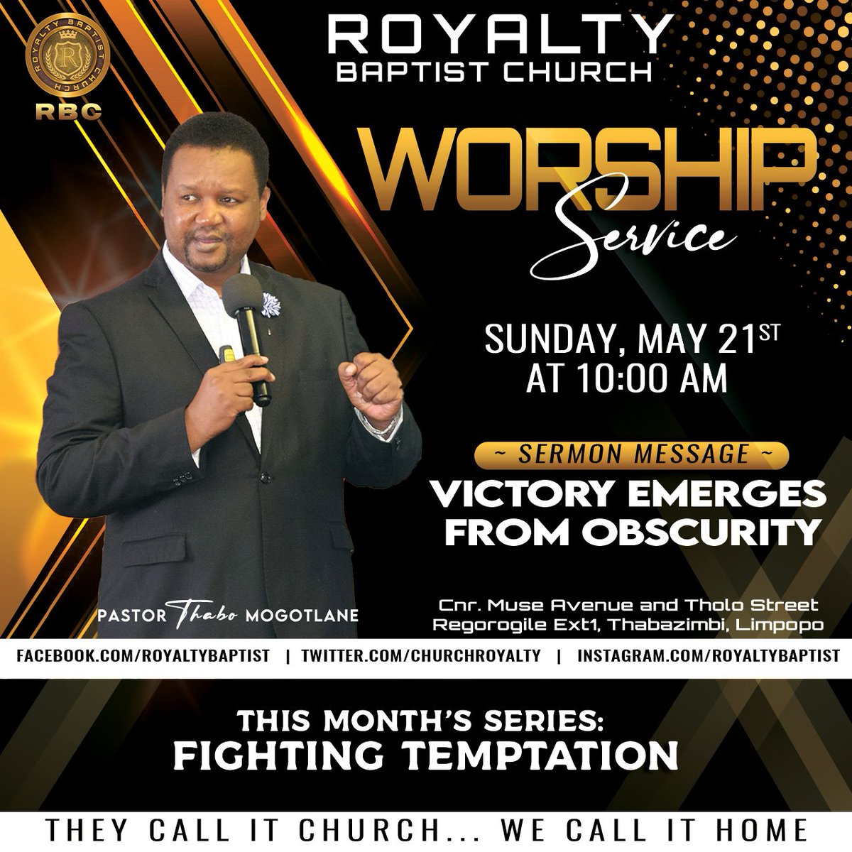 THABOMLIVE's tweet photo. “But He knows the way that I take. When He has tried me, I shall come forth as pure refined gold” (Job 23:10).
Join our Sunday Worship Service at Royalty Baptist Church - RBC Thabazimbi on Sunday (May 21st 2023) at 10am.
#FIGHTINGTEMPTATION
#OVERFLOW2023 https://t.co/zGeIBgEXCQ