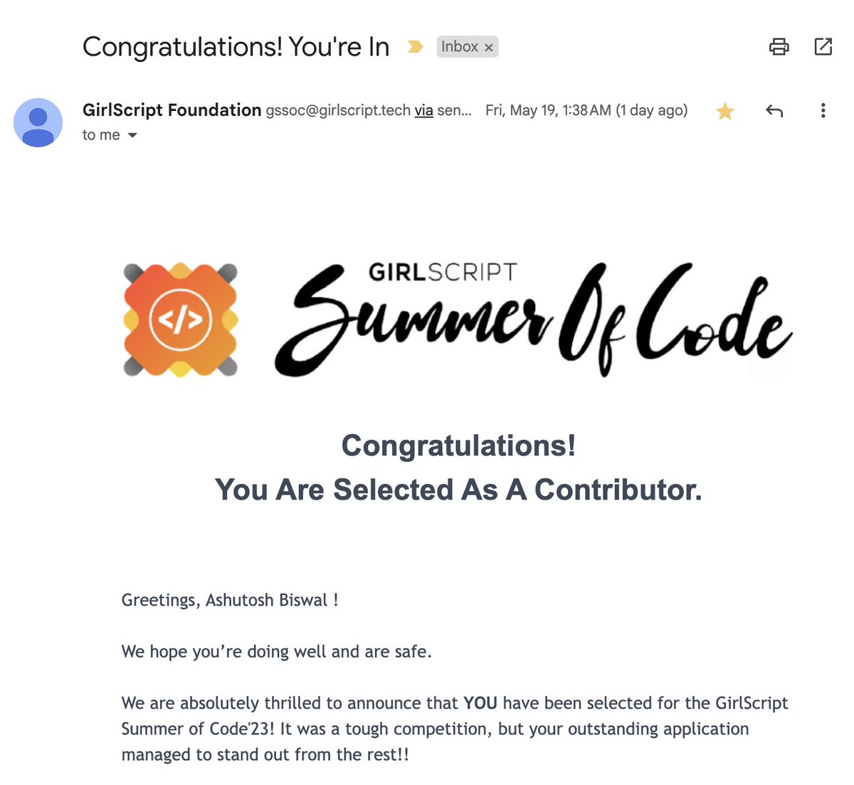 am_ashutosh_'s tweet photo. 🌟 Thrilled to be selected for GirlScript Summer of Code 2023!
Joining forces with GirlScript Summer of Code is an incredible honor that propels my enthusiasm to contribute to the tech community and make a tangible impact.
#opensource #contribution https://t.co/pT2NSDRvUl