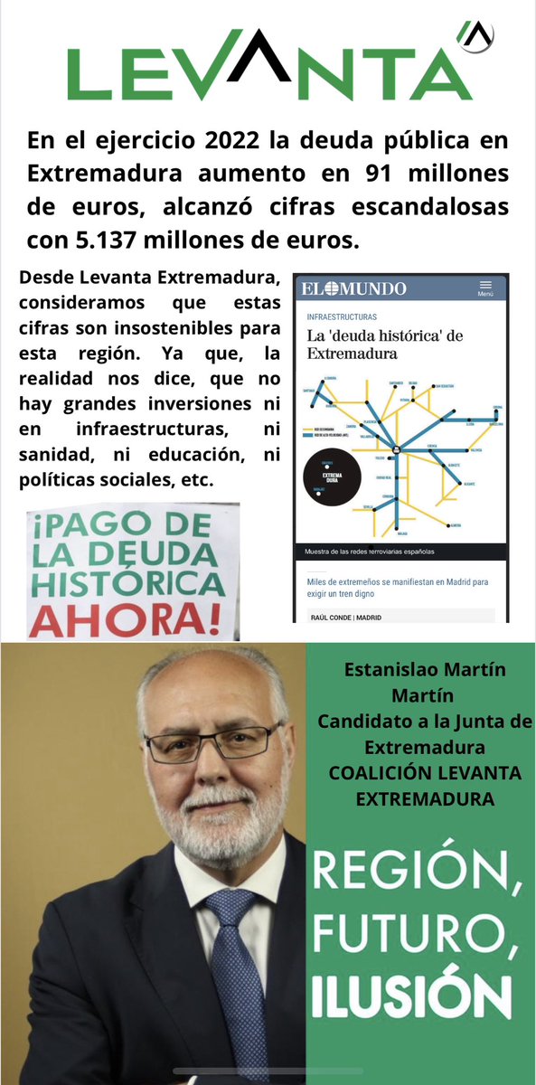 Estanislaomm's tweet photo. GOBIERNO PSOE-PODEMOS-IU-AV. Estando la deuda pública que tiene Extremadura en 5.137 millones de Euros, lo que significa que a cada habitante de extremadura le corresponden 5.093 euros, un gobierno Psoe-Unidas por Extremadura (Podemos-IU-AV) podría dispararla hasta límites insospechados, poniendo en peligro el futuro de las nuevas generaciones. Luego, sería un MAL GOBIERNO y se subirían los impuestos a los ciudadanos.
