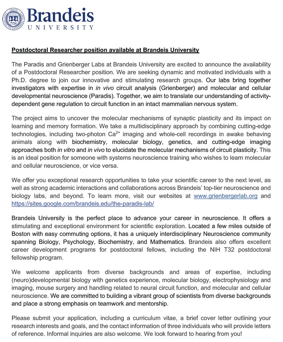 Christine Grienberger (@cgrienberger) on Twitter photo 🚨Pls RT:<a href="/suep70/">Suzanne Paradis</a> and I are hiring a postdoc for a collaborative project at the intersection of in vivo circuit analysis and molecular neuroscience.Brandeis is in the Boston metro area with easy commuting options.See the ad for more info and DM/email if you are interested🚨 🚨Pls RT:<a href="/suep70/">Suzanne Paradis</a> and I are hiring a postdoc for a collaborative project at the intersection of in vivo circuit analysis and molecular neuroscience.Brandeis is in the Boston metro area with easy commuting options.See the ad for more info and DM/email if you are interested🚨