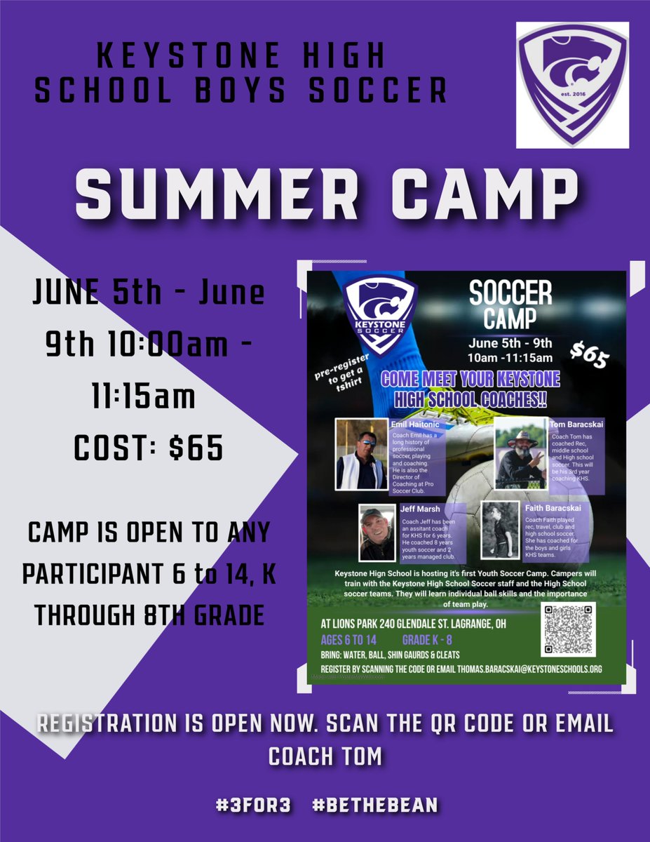 Boys and girls youth soccer camp with Keystone High School coaches and players.