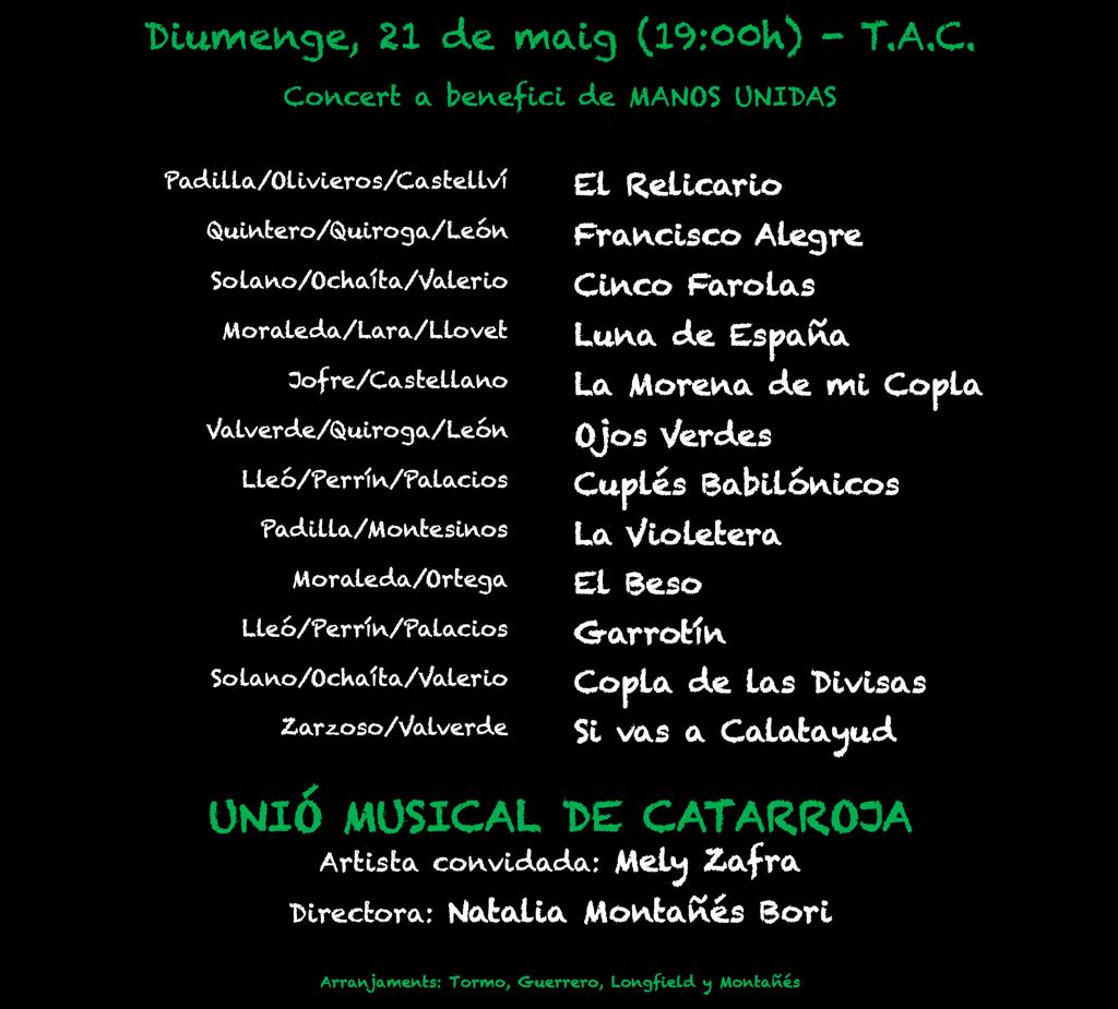 UMCatarroja's tweet image. Us esperem demà a les 19.00 h en el concert a benefici de Mans Unides.

📍TAC Catarroja 
✅️ Obertura de portes a les 18.30 h
#concert #mansunides #manosunidas @TACcatarroja @ManosUnidasONGD