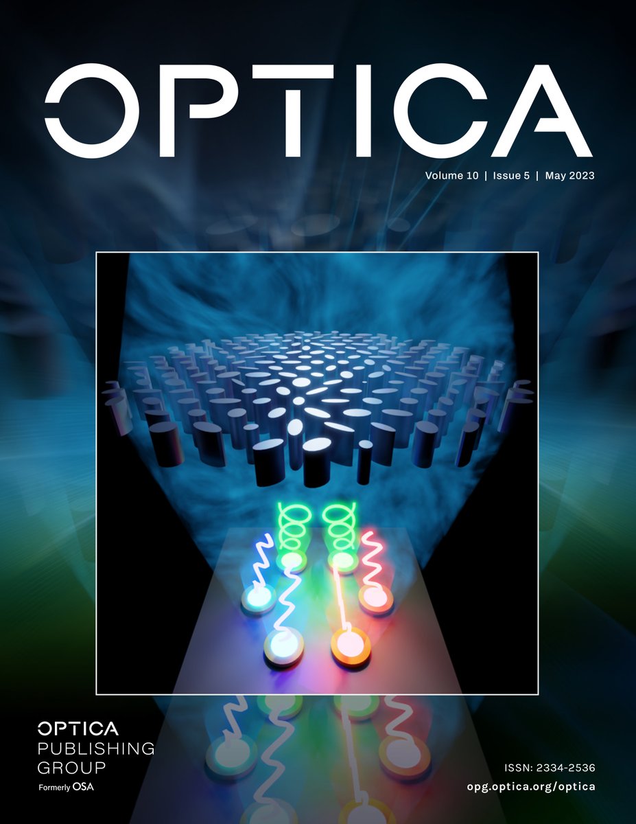 Volume 10 Issue 5 of #OPG_Optica is now live: ow.ly/OZW650OsunF

The cover image represents a superposition of Si meta-atom arrays, with the functionality of a Stokes vector receiver, for receiving high-speed self-coherent signals. See Soma, et al., ow.ly/f1yX50OsunG