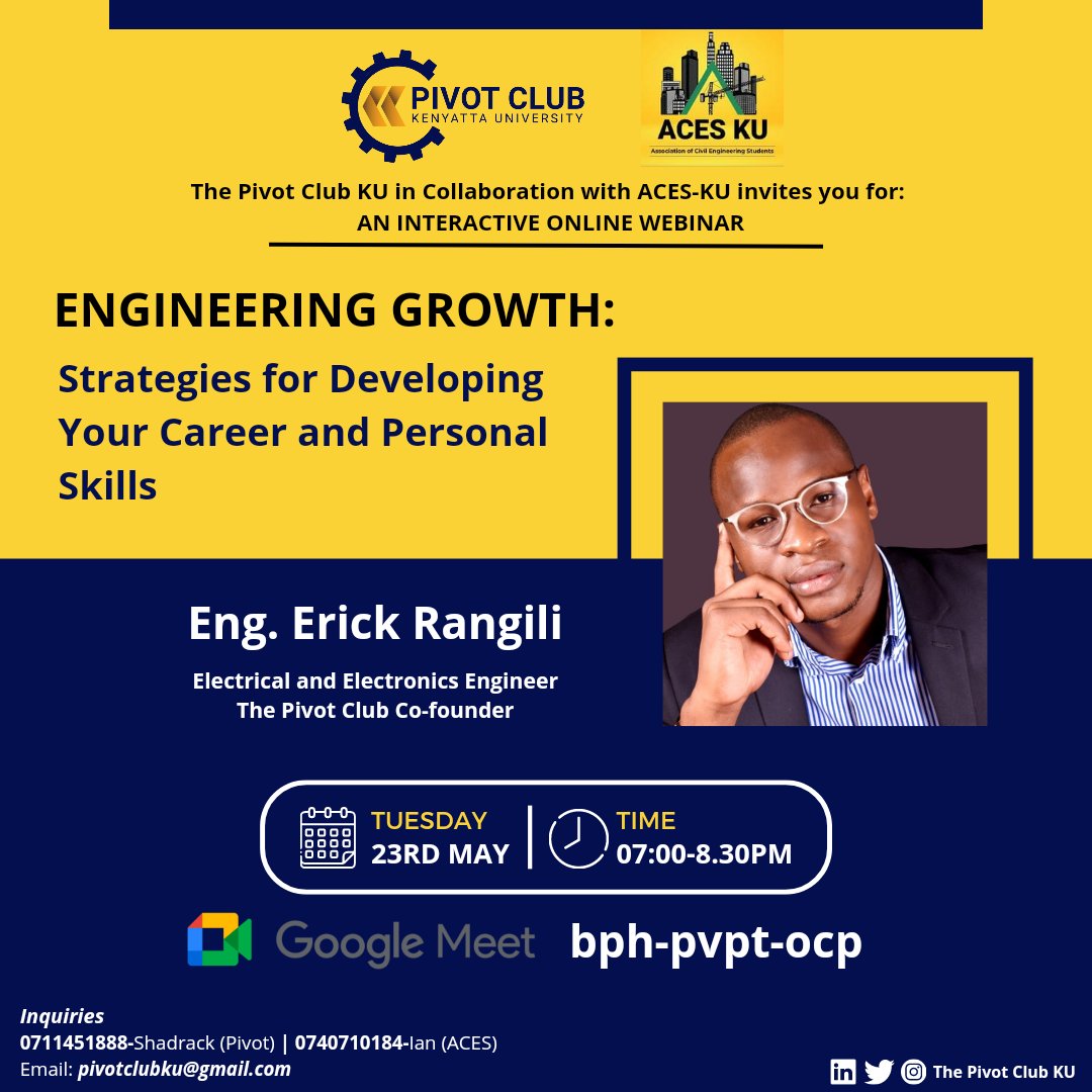 The Pivot Club in collaboration with Association of Civil Engineering Students (ACES) welcomes you to an interactive online webinar 📍
Webinar Title: *ENGINEERING GROWTH:* STRATEGIES FOR DEVELOPING YOUR CAREER AND PERSONAL SKILLS