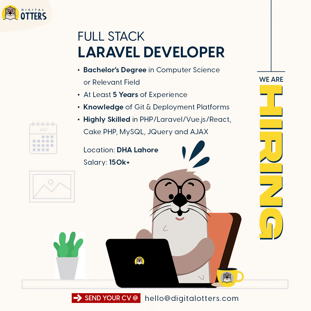 DigitalOtters's tweet photo. 📷 We're hiring experienced Laravel Developers to join our talented team! If you're passionate about crafting scalable web applications and love working with the Laravel framework, we want to hear from you.

Apply Now: https://t.co/jtxxyqpn4A

#LaravelDeveloper #WebDevelopment https://t.co/3VEoCR3oYw