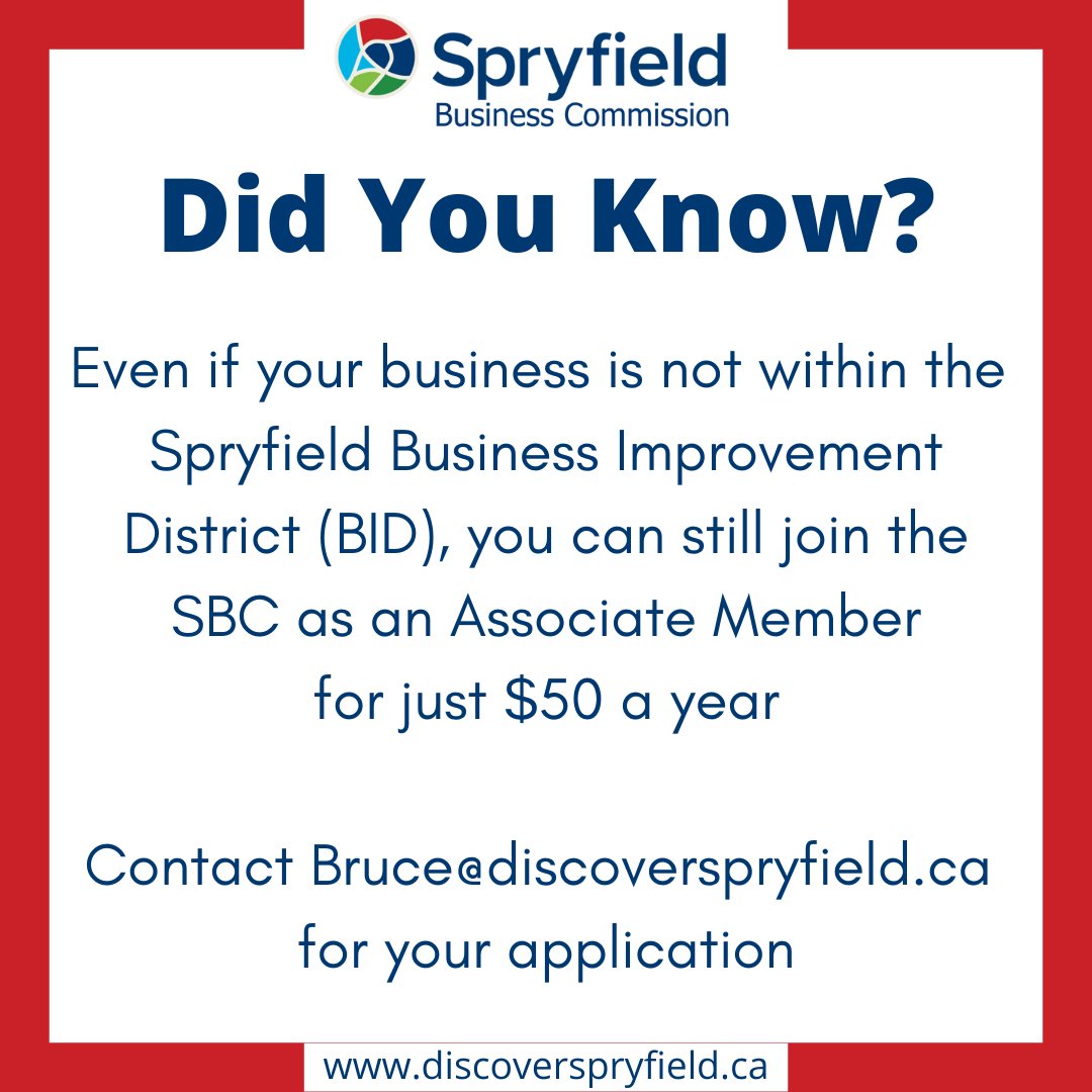 That's right, even if you're not in our Business Improvement District you can still enjoy the benefits of Associate Membership in the Spryfield Business Commission for just $50 per year

Contact Bruce@discoverspryfield.ca for your application

#SBCbiz #MembershipHasItsPrivileges