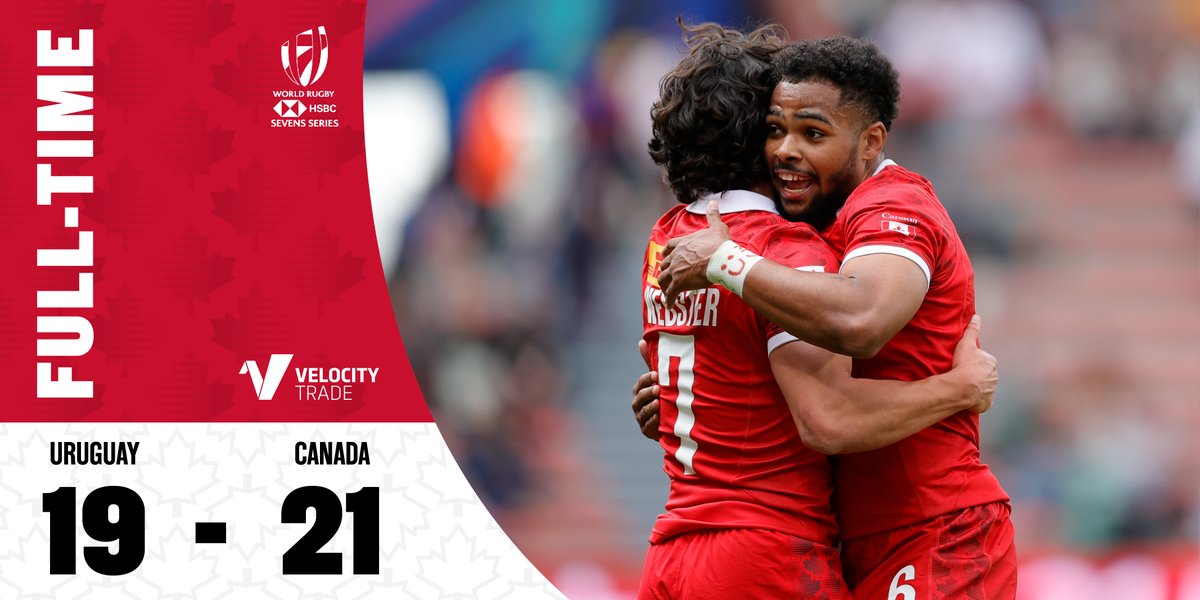 RugbyCanada's tweet photo. What a comeback in the second half! 💥 Canada’s Men’s Sevens Team 🇨🇦 wins 21-19 over Uruguay in London 👏 

Watch Canada play Tonga on Sunday May 21 at 3:57 a.m. PT / 6:57 a.m. ET on https://t.co/oFcjMRHRLt, the CBC Sports app and the free CBC Gem streaming service.

#RugbyCA https://t.co/dp7VzkqQC0