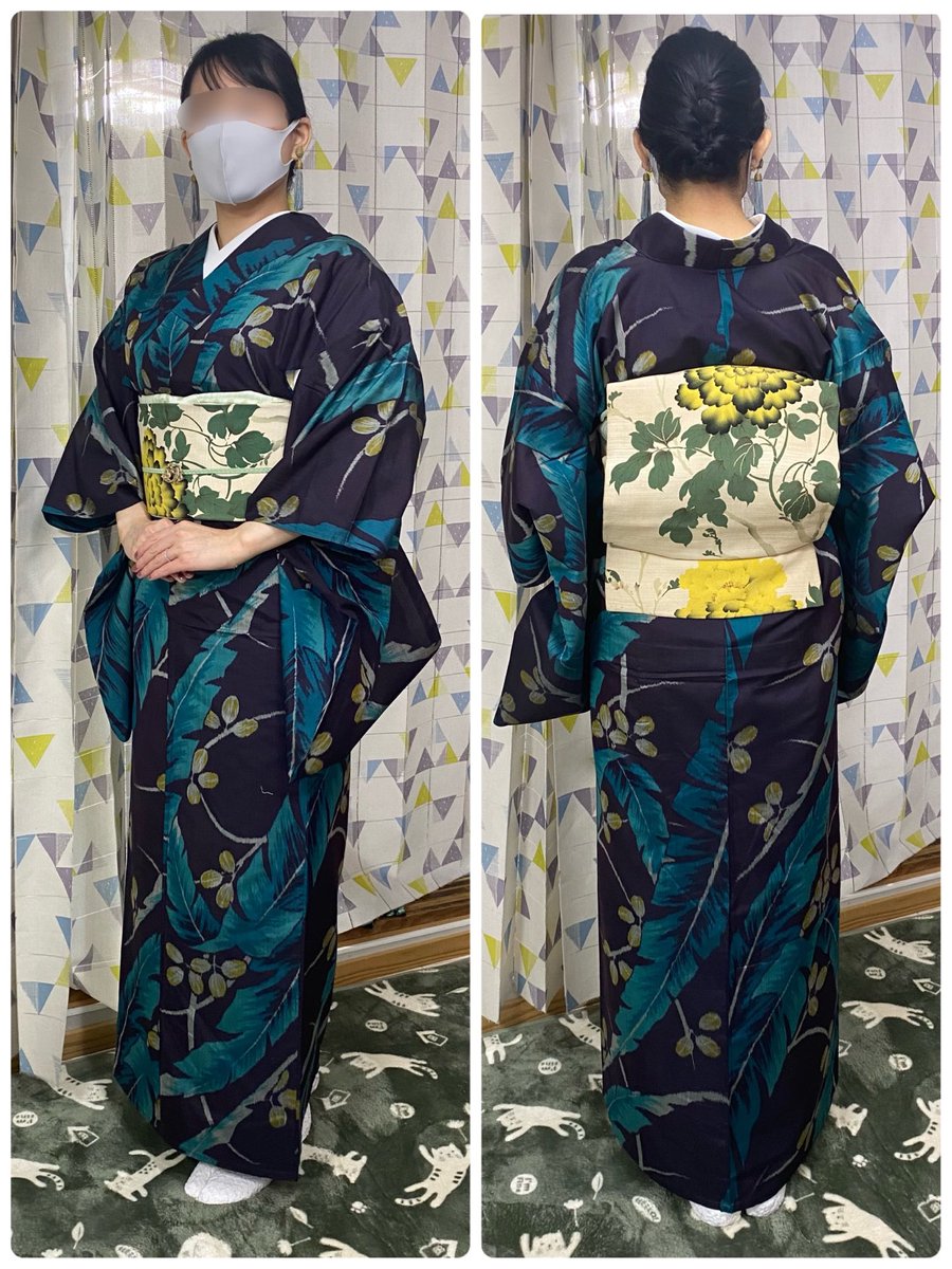 asanoha0125's tweet photo. 今日のコーデはこんな感じ。

長着　#衣類商誠　謎柄の銘仙単衣
帯　　ヤフオク　アンティーク名古屋帯
草履　＠umeyakimono ピスタチオ檸檬
長襦袢　き楽っくプレミアム　袖は外して。

お袖が長めで気に入っている銘仙さん💕
帯は汚れが酷めだけど、遠目には分かりにくいから登場頻度が高い。 https://t.co/VfToVn5gOL