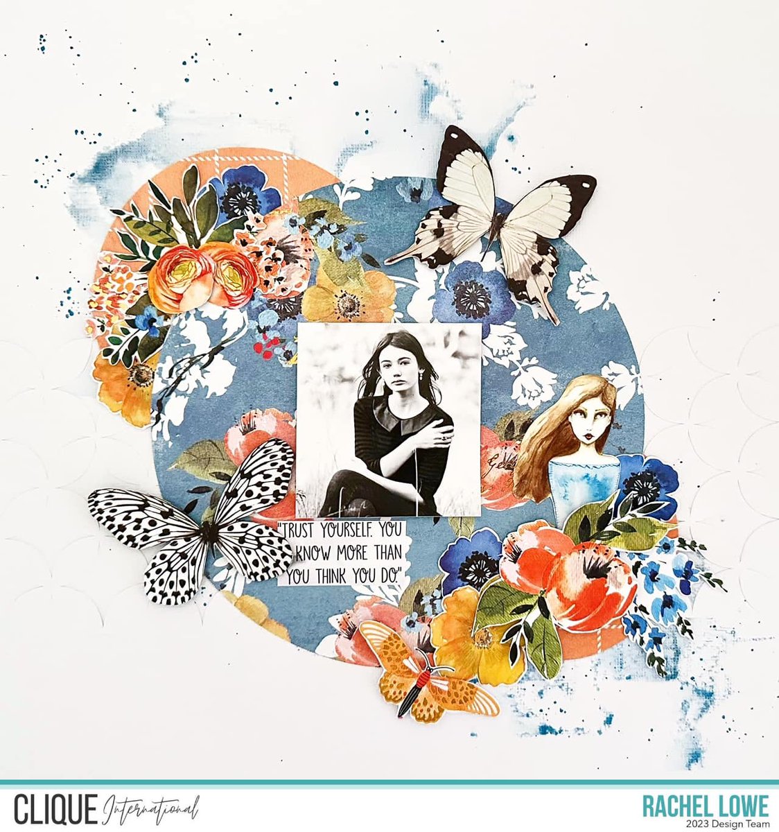 @rachellowe____ created this layout of her daughter using the beautiful Lady Whistledown kit (sold out) featuring Prima Marketing Painted Florals papers. She also added a fussy cut Remarkable Women from 3Quarters Design ephemera pad, which is still available in the Clique Kits sh