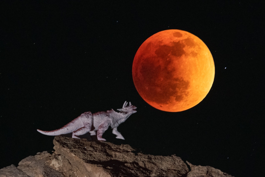 MackMurdoc's tweet photo. "DinoTopia and the Creation of the Moon"⁠
Here's just a fun one out of the bunch that I took. Wanna know something kinda crazy, at one point in time the moon looked this red and glowed every night for millions of years as it was forming. 
Read more here: https://t.co/fe1ddqAbyr https://t.co/adYX5K05JO