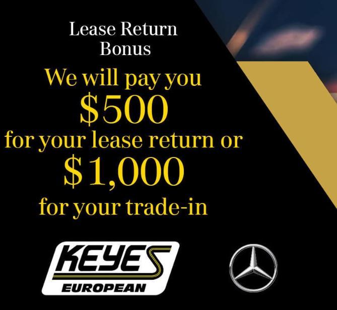 KeyesMercedes's tweet photo. Time to return or trade in your Mercedes-Benz? Bring it to Keyes European.

Right now, get $500 for your lease return or $1,000 for your trade-in.

Set up an appointment here: https://t.co/NaE9baIjjn https://t.co/h7aWafzy7W