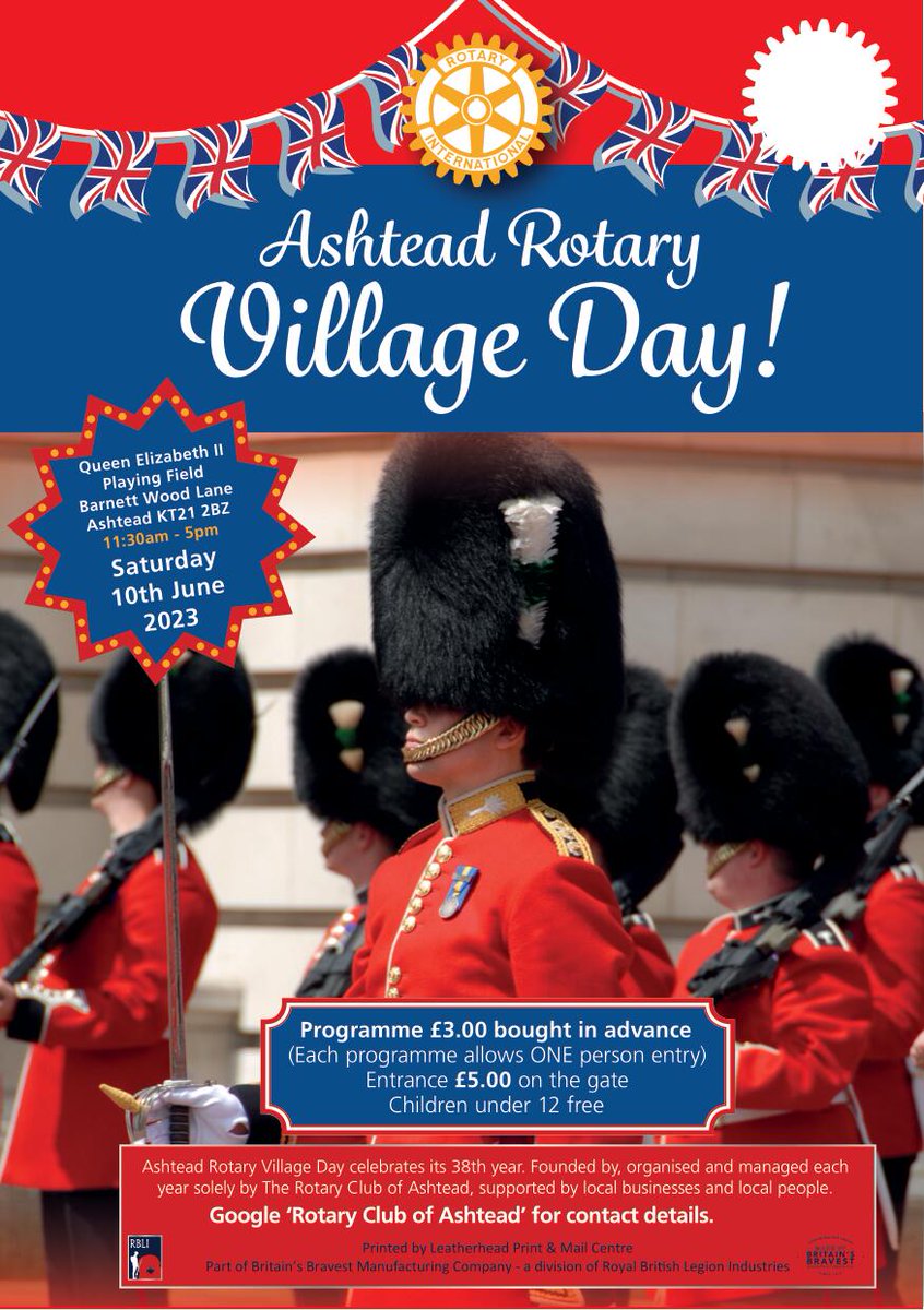 Tickets on sale for Ashtead Rotary Village Day on Saturday 10th June! £3 each in advance from the following retailers:
Ashtead Park Garden Centre, Candy Store, Howdens, Ashtead Library, Post Office Barnett Wood Lane, 
Post Office, The Street, Rye Cafe 
facebook.com/events/8412496…