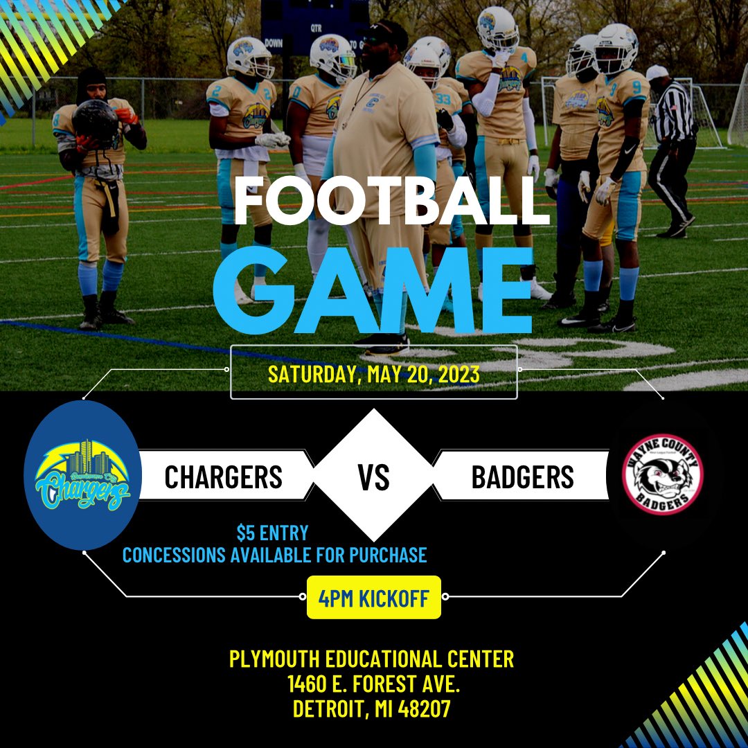 BoltNation313's tweet photo. ⚡️GAME DAY⚡️ 

🏈: Wayne County Badgers @ Renaissance City Chargers
🗓️: Saturday, May 20, 2023
⏰: 4:00pm
📍: Plymouth Educational Center
🎟️: $5 Entry 

Can’t attend but would still like to donate? 💰
Cash App: $BoltNation 
Venmo: @BoltNation 
Zelle: 313-433-6214
EIN: 46-4008275 https://t.co/ZWlwq7603T