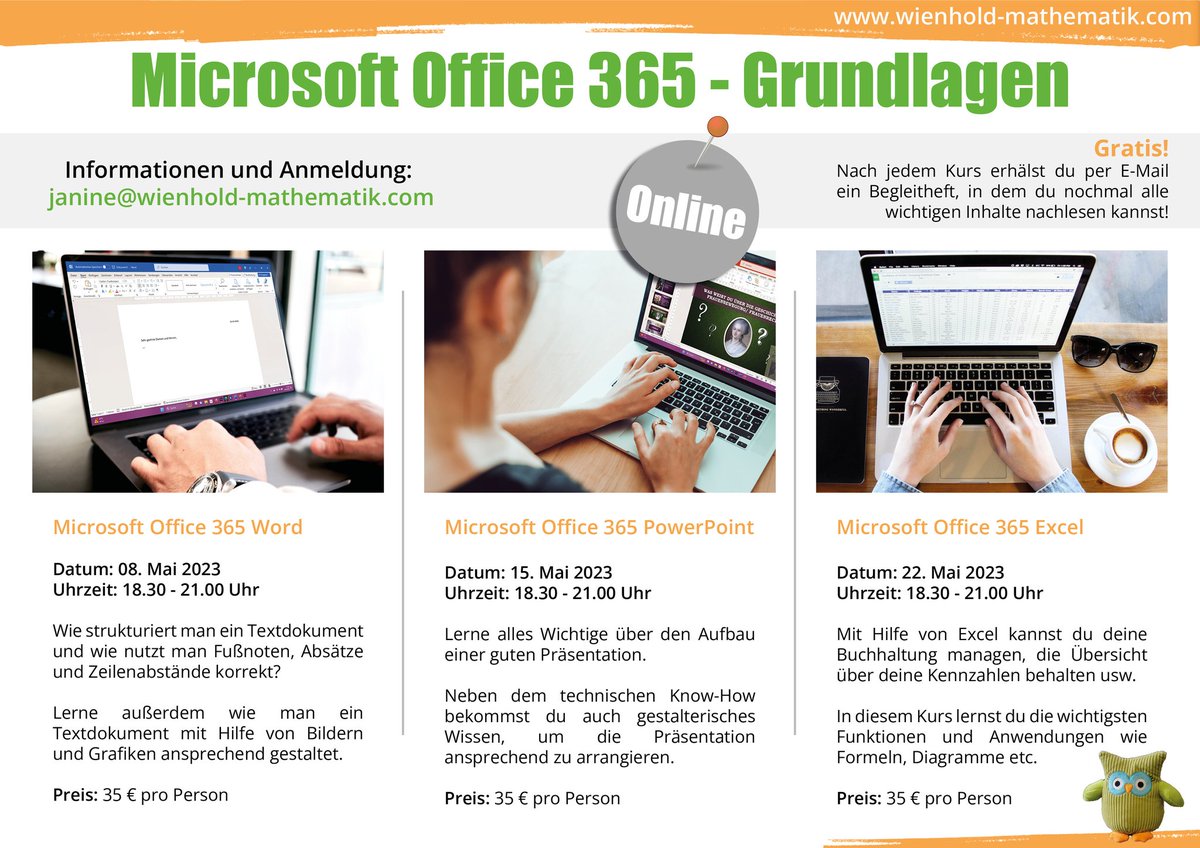 Montag Abend findet der Onlinekurs über Zoom in Microsoft Excel statt. Du hast heute noch die Möglichkeit, dich anzumelden!
Schreib mir hier auf Twitter oder per Mail an: janine@wienhold-mathematik.com

#Excel #Kurs #onlinekurs