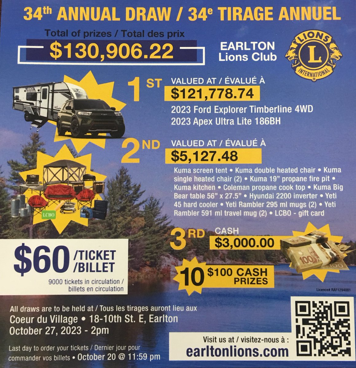 FergusonRVWorld's tweet photo. Earlton Lions Club is doing their 34th Annual Drive and the prizes are AMAZING! 
Come into Ferguson RV World and purchase a chance to win a 2023 Ford Explorer and 2023 Coachmen Apex 186BH. 
Tickets are $60each
#stthomas #kuma #coachmen #earlton #lionsclub https://t.co/cjc6dslnEV