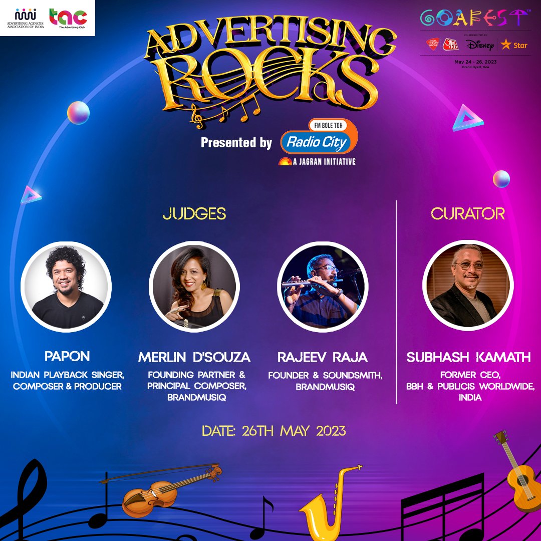 goafestlive1's tweet photo. #NEWS: Papon, Merlin D’Souza &amp; Rajeev Raja will judge the talented Advertising Rocks finalists on Day 3 of #Goafest2023

Subhash Kamath has curated this special, unprecedented fixture at Goafest.

Book your passes to witness some maestros go head-to-head in an exhilarating final! https://t.co/3kd4VefGzF