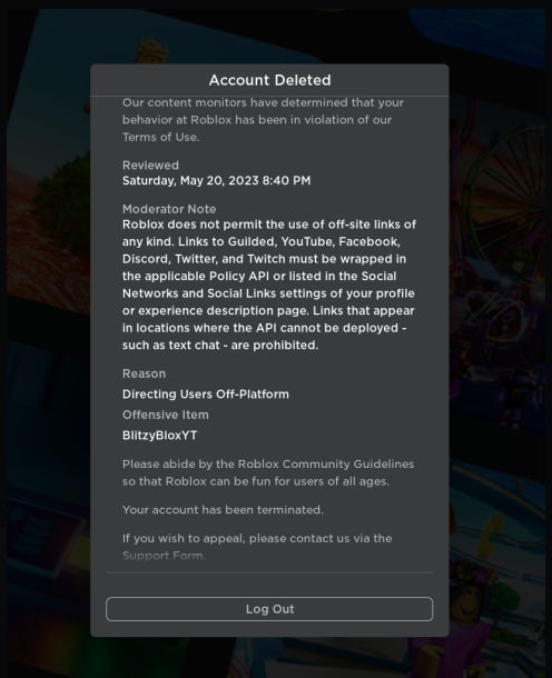MINHA CONTA FOI BANIDA NO ROBLOX 