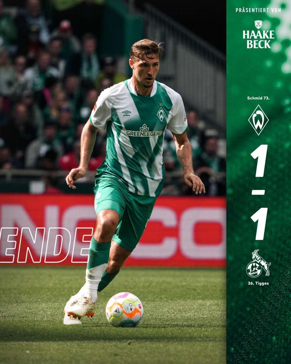 werderbremen's tweet photo. ⏱️90.+3 Min

Es. Ist. Geschafft! Wir kommen zurück und holen und gegen Köln einen ganz wichtigen Punkt! 💚🤍

⚽️#SVWKOE 1:1 | #Werder https://t.co/TrhXFjxNBz