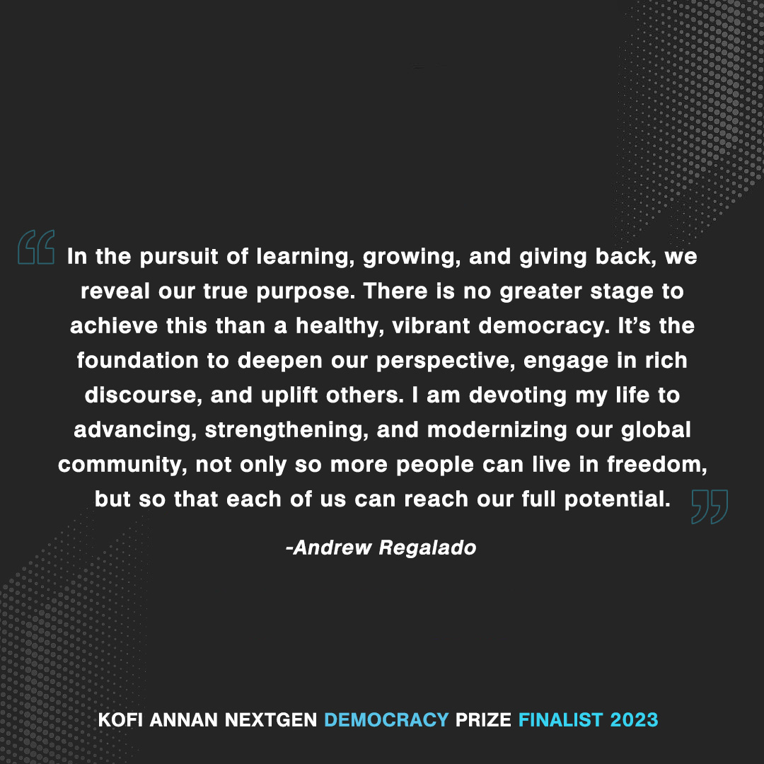 Congratulations to Andrew Regalado, a finalist for the @KofiAnnanFdn #NextGenDemocracyPrize. 

Andrew, National Grassroots Director of Country First Action & Deputy Director of Country First Academy, fights for US pro-democracy movements & opposes anti-democratic candidates.