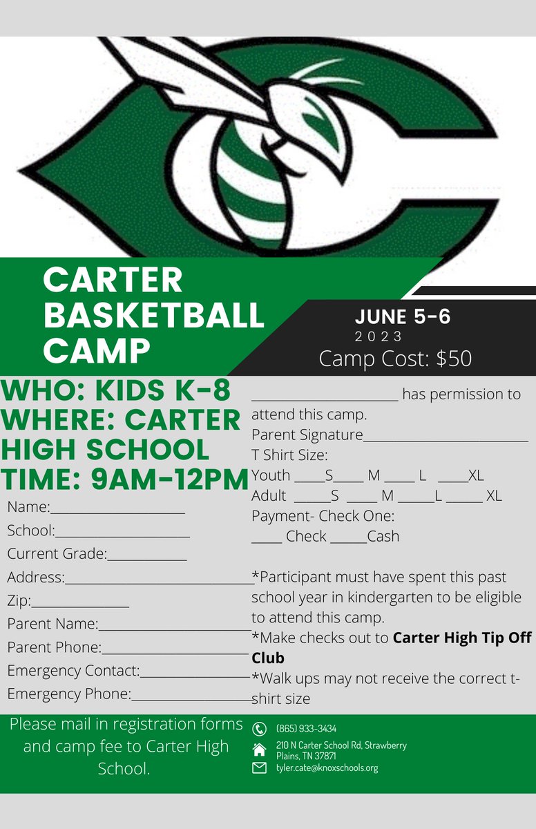 We are a little over 2 Weeks away from youth camp at Carter High! You can register at the door or mail your registration in at the address listed at the bottom of the form. Can’t wait to see you at Camp!