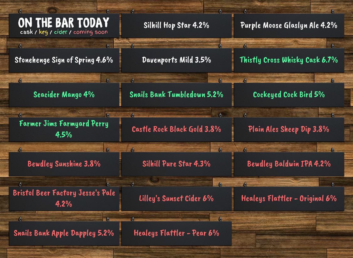 On the bar today!
Beer Board: goo.gl/BCjKCK
@silhillbrewery @PurpleMooseBrew @StonehengeAles @Davenports1829 @ThistlyCross @SeaCiderSussex @Snailsbankcider @cockeyedciderco #FarmerJimsCider 
#RealAleFinder