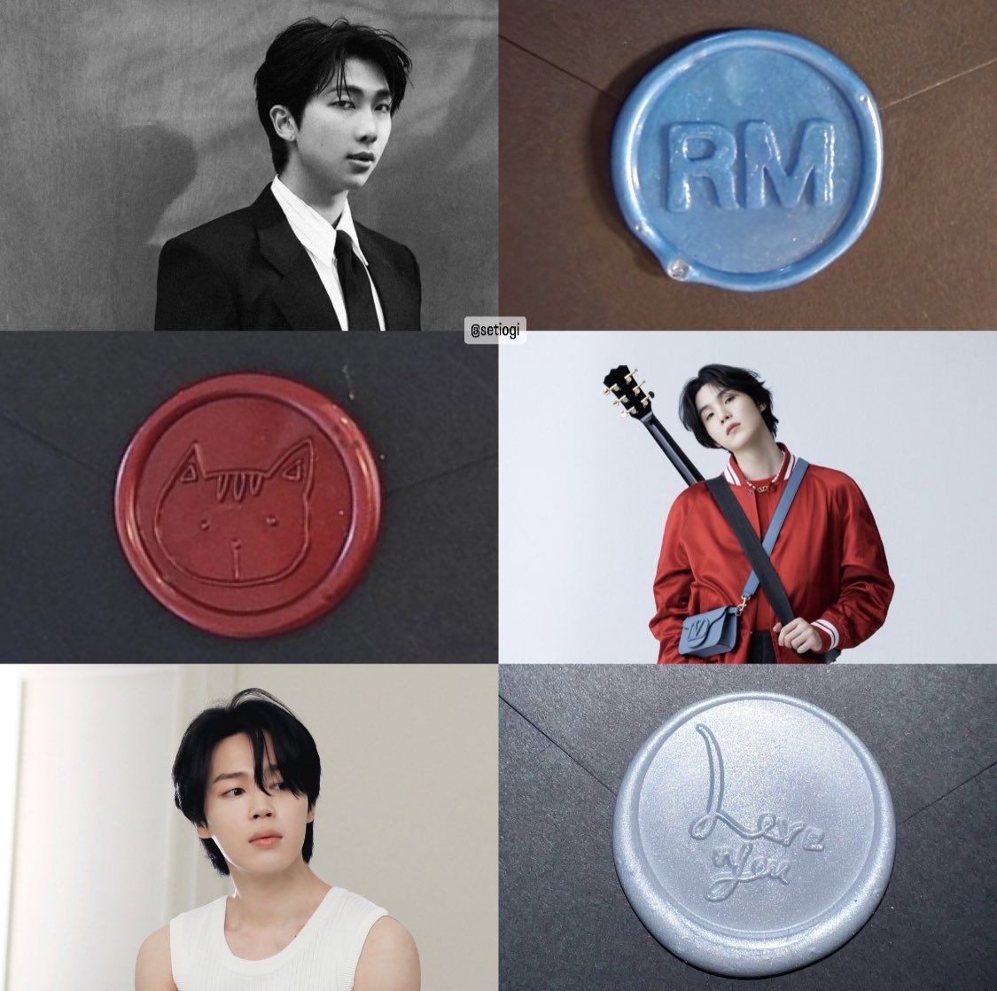 LOVE the wax seals from Indigo, D-Day & FACE special events!

Each sign & color represents the owners well, IMO:
Namjoon: Confident, knows what he wants, reassuring, calming
Yoongi: Cat [need to say more?], bold yet fun
Jimin: Heartfelt, thoughtful

#BTS #RM #SUGA #AgustD #지민