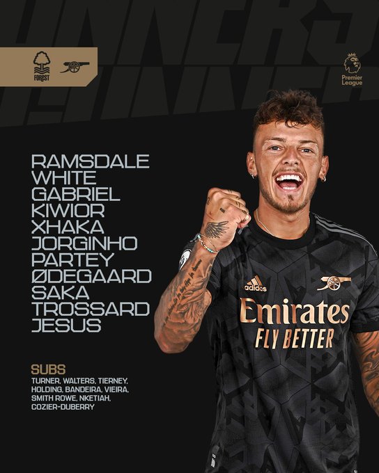 Starting XI: Ramsdale, White, Gabriel, Kiwior, Xhaka, Jorginho, Partey, Odegaard, Saka, Trossard, Jesus.

Substitutes: Turner, Walters, Tierney, Holding, Bandeira, Vieira, Smith Rowe, Nketiah, Cozier-Duberry.