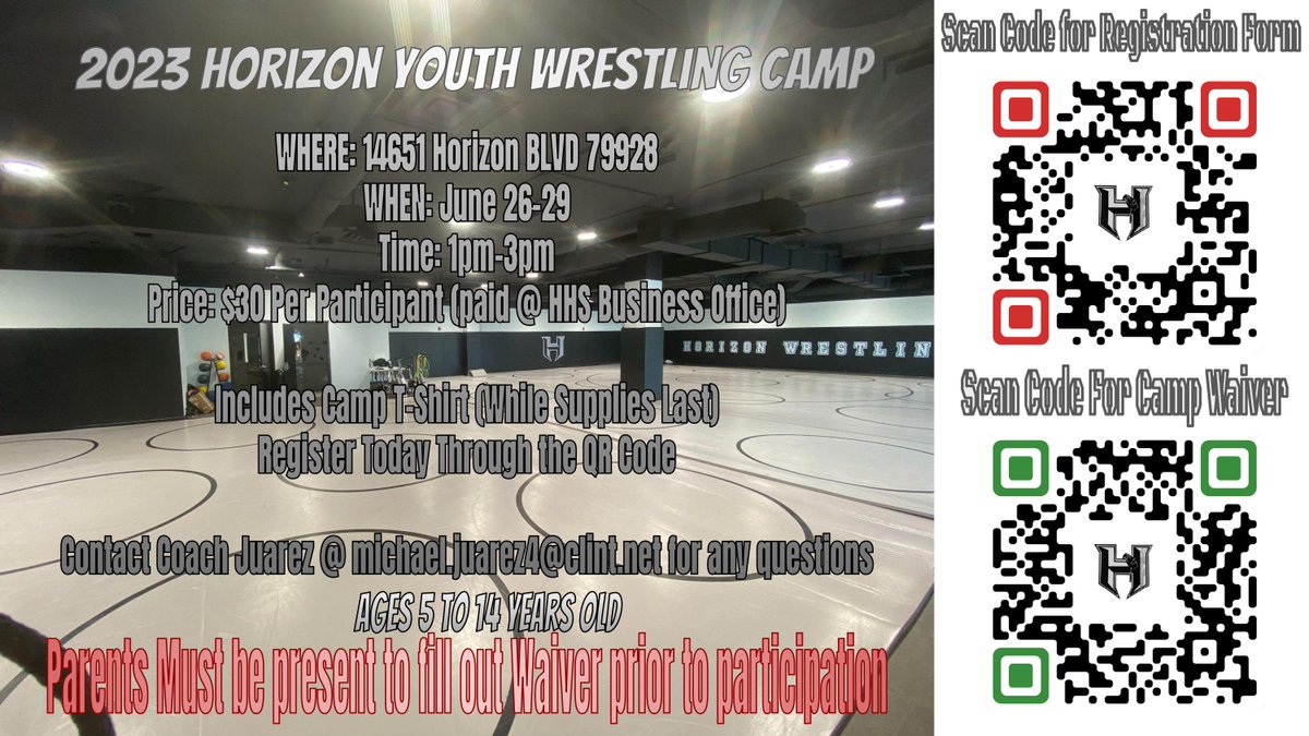 M_Juarez25's tweet photo. It's time for the 4th annual Scorpions Youth Summer Camp!!  $30 includes Camp T-Shirt.  Please fill out the google form and have the permission slip ready on Camp Day 1!  @ClintISD @Horizon_Wrestle @DrJuanIMartinez @MichaelMackeben @RTMVHS @REMS_FALCONS @HMSHAWKS_CISD https://t.co/mR15lWWNjS