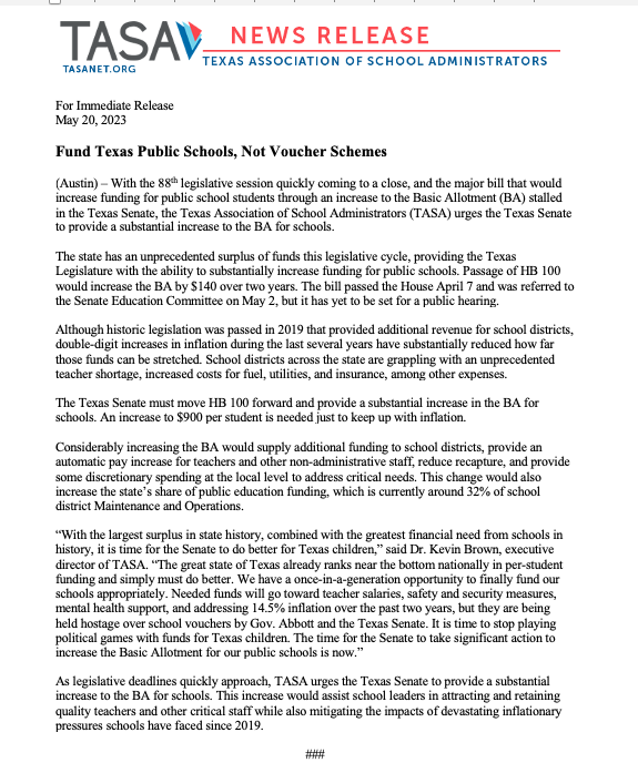 With just over a week remaining in the 88th legislative session, we call on the Texas Senate to fund Texas public schools, not voucher schemes. Full statement: tasanet.org/fund-texas-pub…