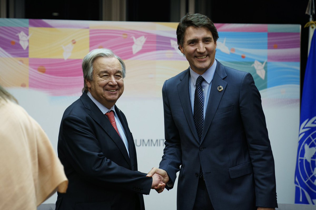 JustinTrudeau's tweet photo. In Hiroshima, I spoke with @AntonioGuterres about the @UN’s Sustainable Development Goals – which include reducing inequality, ending poverty, and fighting climate change – as well as international financing reforms and the crisis in Haiti. Let’s keep working together, Antonio. https://t.co/GeUqSdlpFS
