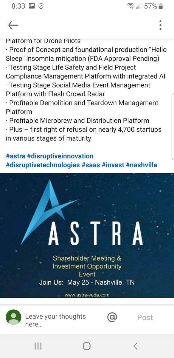 $ASTA @astra_veda_ Something big sounds to be finally coming and be talked about/mentioned or revealed. Are you ready? Have your shares yet? First shareholder meeting since new CEO/management May 25th/2023, this coming Thurs. Meeting minutes to be PR'd after as well....