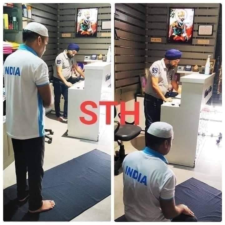 This Muslim brother wanted to offer Namaz but he couldn't go to Masjid as it was getting late, so this Sikh Brother told him to offer prayers in his shop.

The Sikh Brother had a chair but he decided to stand as a mark of respect till his prayers were done.