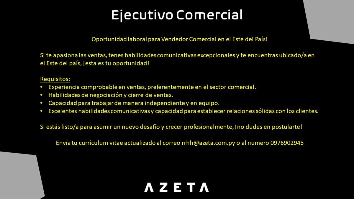 Radh1ka_'s tweet photo. #TrabajosPy Grupo Azeta selecciona EJECUTIVO COMERCIAL.
Zona: Alto ParanΓ‘. https://t.co/WrZgWqtlg0