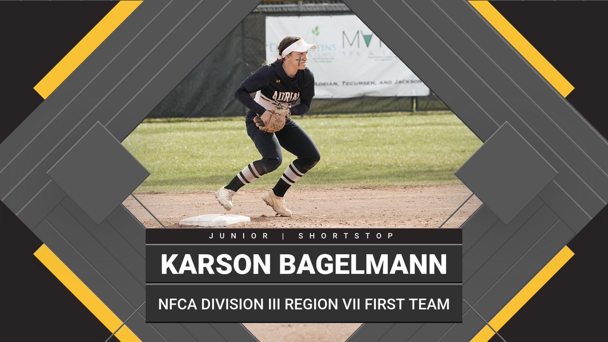 AdrianBulldogs's tweet photo. The NFCA announced the 2023 NFCA Division III All-Region teams. This year, @AC_softball junior shortstop Karson Bagelmann was selected to the Division III Region VII First Team after her exceptional play throughout the 2023 season.
📰https://t.co/Jx10m1weay
#d3sb #GDTBAB https://t.co/fNqrPzWqkR