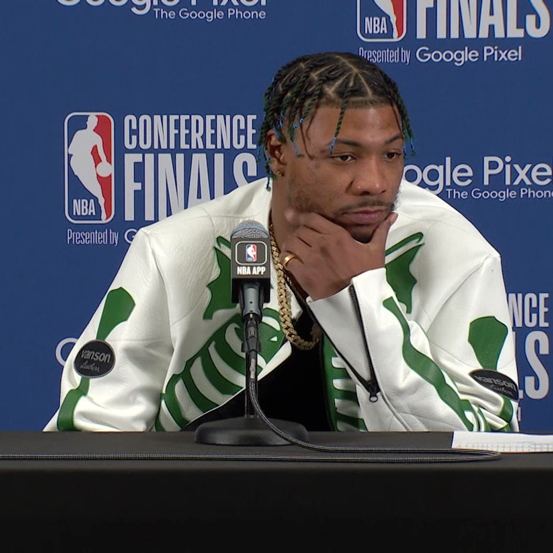 MissMarcy81's tweet photo. was wondering why Rob wore this right after Marcus.  turns out, Jaylen Brown gave them to everyone.   love it 💀💚 #BleedGreen  #UnfinishedBusiness  #NBAConferenceFinals https://t.co/Hnw7pHqSDh