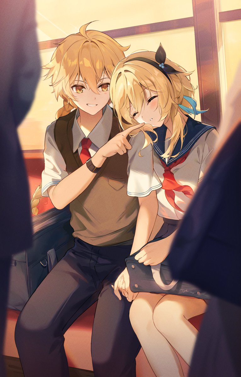 aether (genshin impact) ,lumine (genshin impact) blonde hair 1girl school uniform 1boy sitting siblings yellow eyes  illustration images