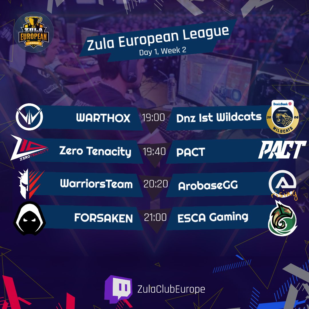 There we go for the second week of Zula European League with a special guest 🥳

📆19:00 <a href="/WARTHOX/">WARTHOX</a> vs <a href="/IWcats/">DenizBank İstanbul Wildcats</a>
📆19:40 <a href="/Z10esports/">Z10 Esports</a> vs <a href="/PACT_gg/">PACT</a> 
📆20:20 <a href="/TeamWarriorsGG/">Warriors</a> vs <a href="/ArobaseGG/">Arobase 🌐</a> 
📆21:00 <a href="/_ForsakenGG_/">Forsaken</a> vs <a href="/teamescagaming/">Team ESCA Gaming</a> 

📢Cast: <a href="/fenneix/">fen</a> x <a href="/LynxerFR/">KC / KCB / KCBS Lynxer 🇲🇦</a>