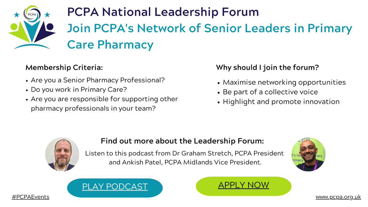 pcpa_org's tweet photo. ❓Are you a primary care pharmacy professional in leadership
⁉️ Have you joined the PCPA  National Leadership Forum

🎧“A safe space to share collaborate &amp; learn” Click link @Gujubanton : https://t.co/WO8xpZadwr 

✍️Apply to join: https://t.co/I85YdgGi9w  

#pcpaevents #pharmacy https://t.co/B2YcRZPjPw