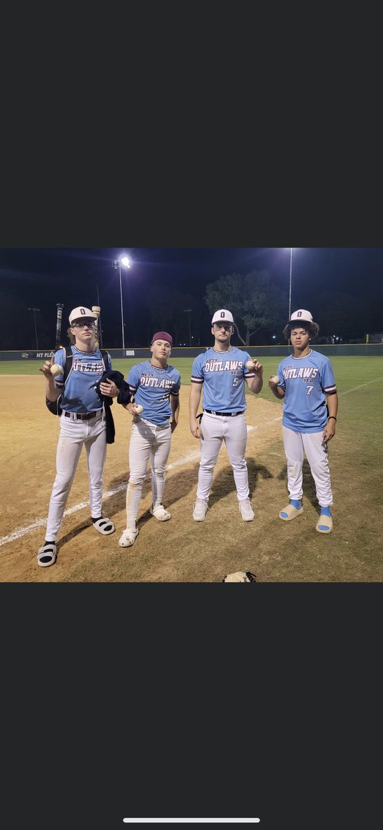 We went down to Mt. Pleasant yesterday for a little warm up game. Safe to say we’re warmed up. Four Outlaws went yard last night. Kolton Keeling 2024 Paris HS (<a href="/Kdkeeling18/">Kolton</a>) Jack Brazeal 2024 Paris HS (<a href="/JackBrazeal10/">Jack Brazeal</a>). Eric Kent 2023 North Lamar HS. Maliki Gillean 2025 Hugo HS.