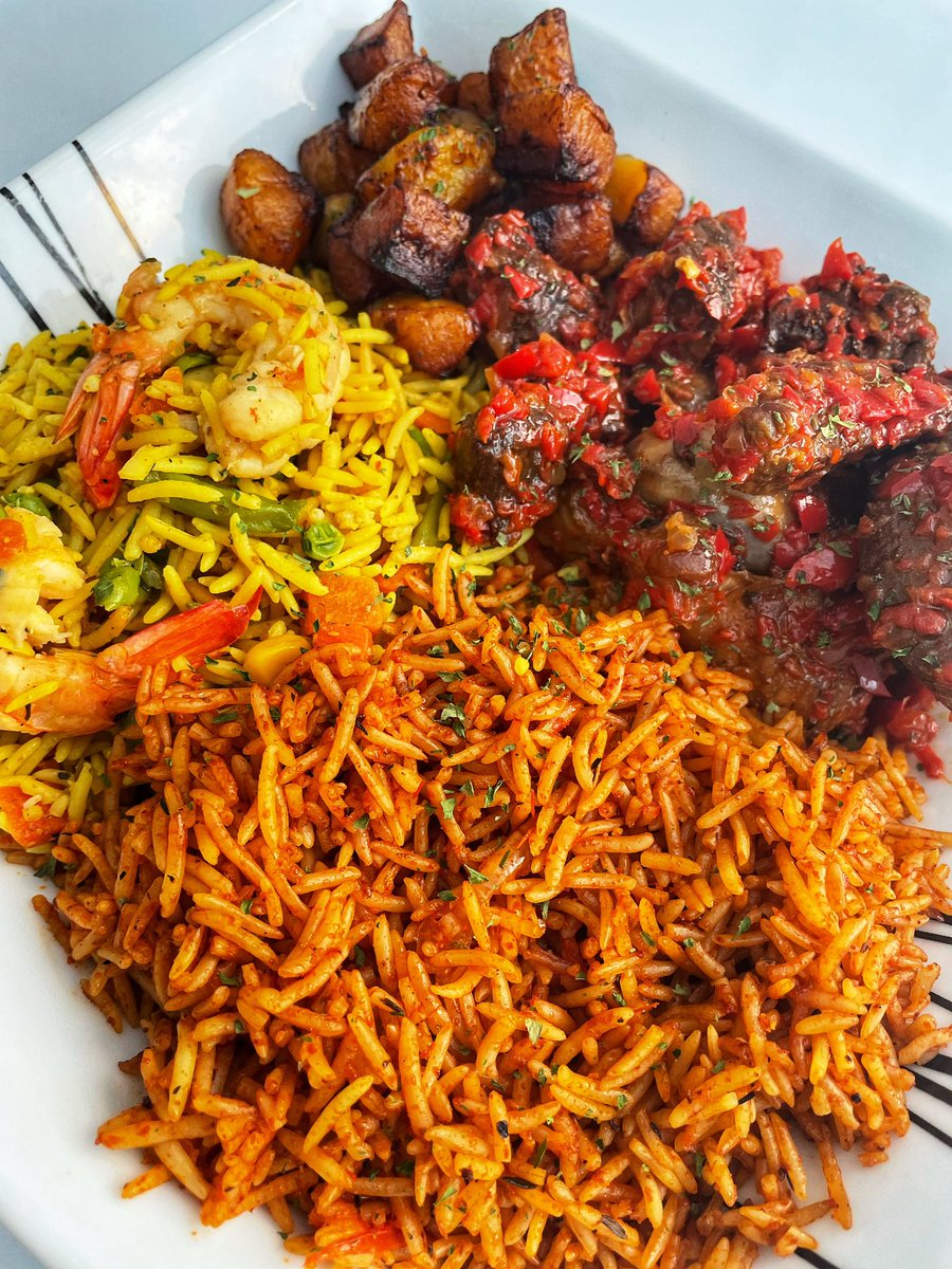TinuKuye's tweet photo. Tips on how to make the most delicious party Jollof rice 😋😋

Season and grill your peppers, tomatoes, onions and garlic before blending 

Use a lot of onions 

Season your onions before adding tomato purée (I use curry, thyme, oregano, nutmeg, maggi powder, bay leaves)

Fry your tomato purée very well before adding blended pepper 
 
Use butter and vegetable oil instead of just vegetable oil

Use chicken, beef or turkey broth instead of water 

Add zero or little water 

Wash your rice extremely well especially if you’re using basmati rice 

Use foil paper or baking sheet to cover your pot 

Let your food steam under low heat

STIR YOUR JOLLOF RICE AT INTERVALS 

Don’t be afraid to let your Jollof rice burn, it needs to happen for that Smokey delicious flavour 😋😋