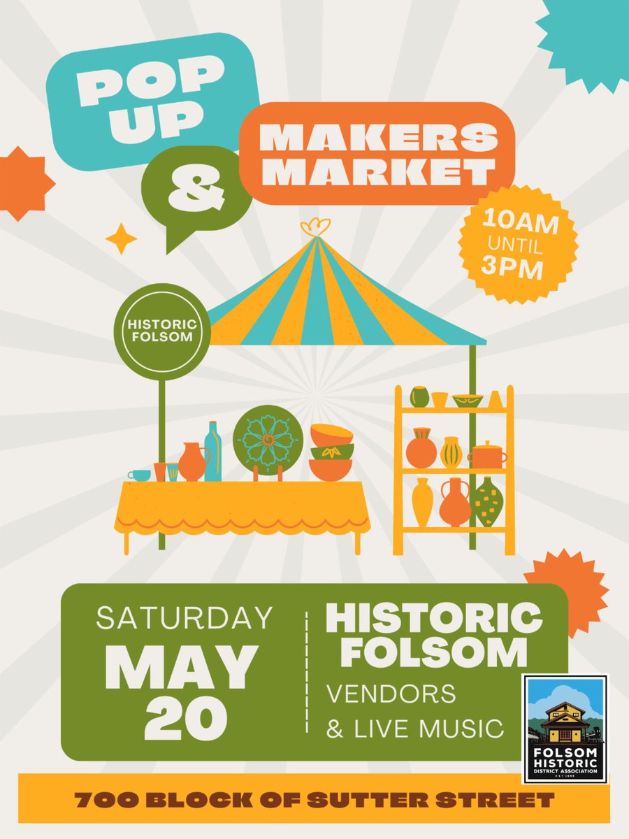 Fun in the warm California sun today on Sutter Street in #historicfolsom. Makers Market from 10am to 3pm. And our weekly Farmers Market from 8am to 1pm on the Plaza. #visitfolsom #onlyinnortherncalifornia #explorehistoricfolsom #shophistoricfolsom #eathistoricfolsom #makers