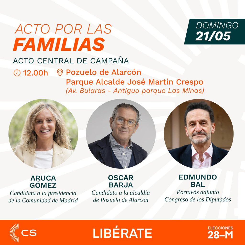 Nos vemos mañana a las 12:00 en Pozuelo junto a <a href="/BalEdmundo/">Edmundo Bal</a> y <a href="/barja_oscar/">oscar barja conde</a> en nuestro acto central de campaña "Por las familias" 🙌🏻♥️

Habrá música en directo y muchas sorpresas más.

¡Os espero ! 🥰