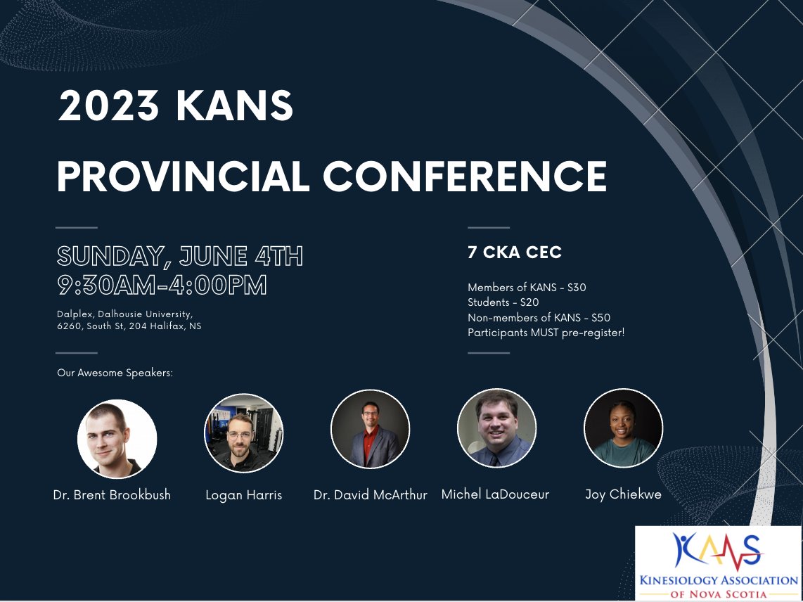 The Kinesiology Association of Nova Scotia is proud to present their first Provincial Conference!
Hosted on Sunday, June 4th
Registration is now live!
Sign up now while spots are still available:
…sociation-of-nova-scotia.s1.yapla.com/en/event-41305…