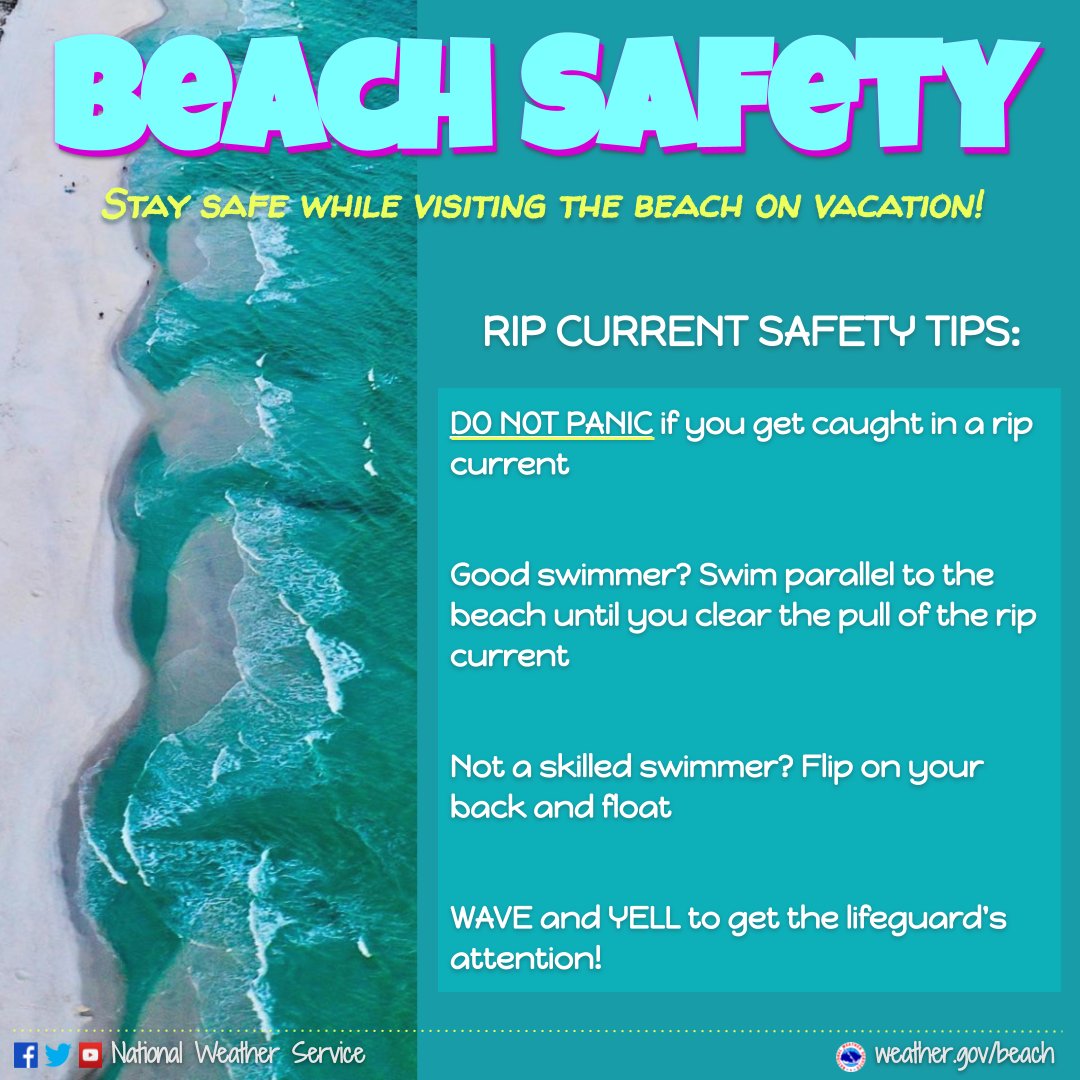 🌊 Beach Survival Tips:

⚠️Caught in a #ripcurrent? DON'T PANIC.

🏊Good swimmer? Swim parallel to shore til you clear the pull of the rip current.

🤷Not a skilled swimmer? Flip on your back & float.

📣WAVE & YELL to get the lifeguard's attention!

⛱️Be #BeachSmart!