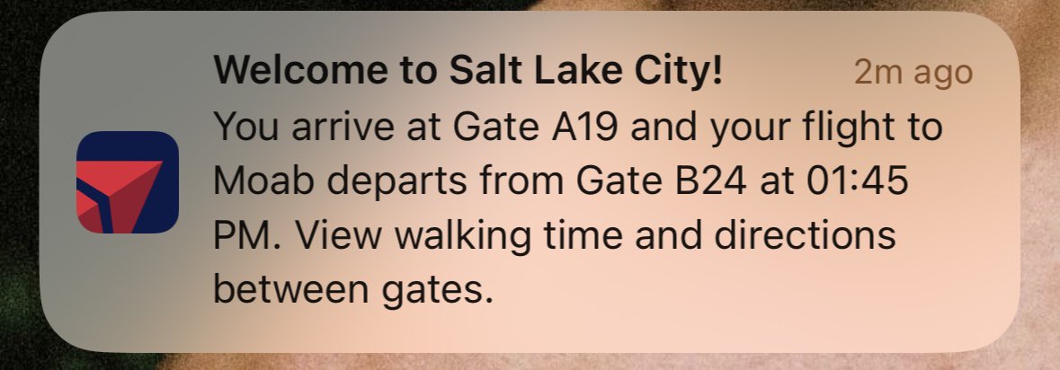 I’ve been travelling a lot lately, but this is the first time an airline app has proactively told me about my connecting gate. thanks <a href="/Delta/">Delta</a> - SLC is a busy place!!