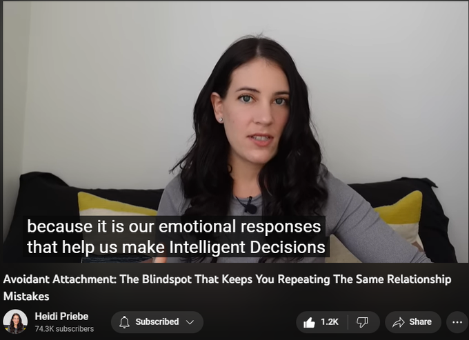 Avoidant Attachment: The Blindspot That Keeps You Repeating The Same Relationship Mistakes
https://www.youtube.com/watch?v=esJj49ARgVA