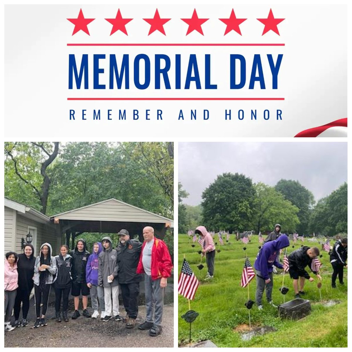 #NCASD National Honor Society Students and Ms. Beck braved the rain to honor America's Bravest by placing flags on the veterans' graves at Oak Park Cemetery and assisted by the Marine Corps League and Veterans Agent Orange Project. #NCProud #NHS #memorialday2023